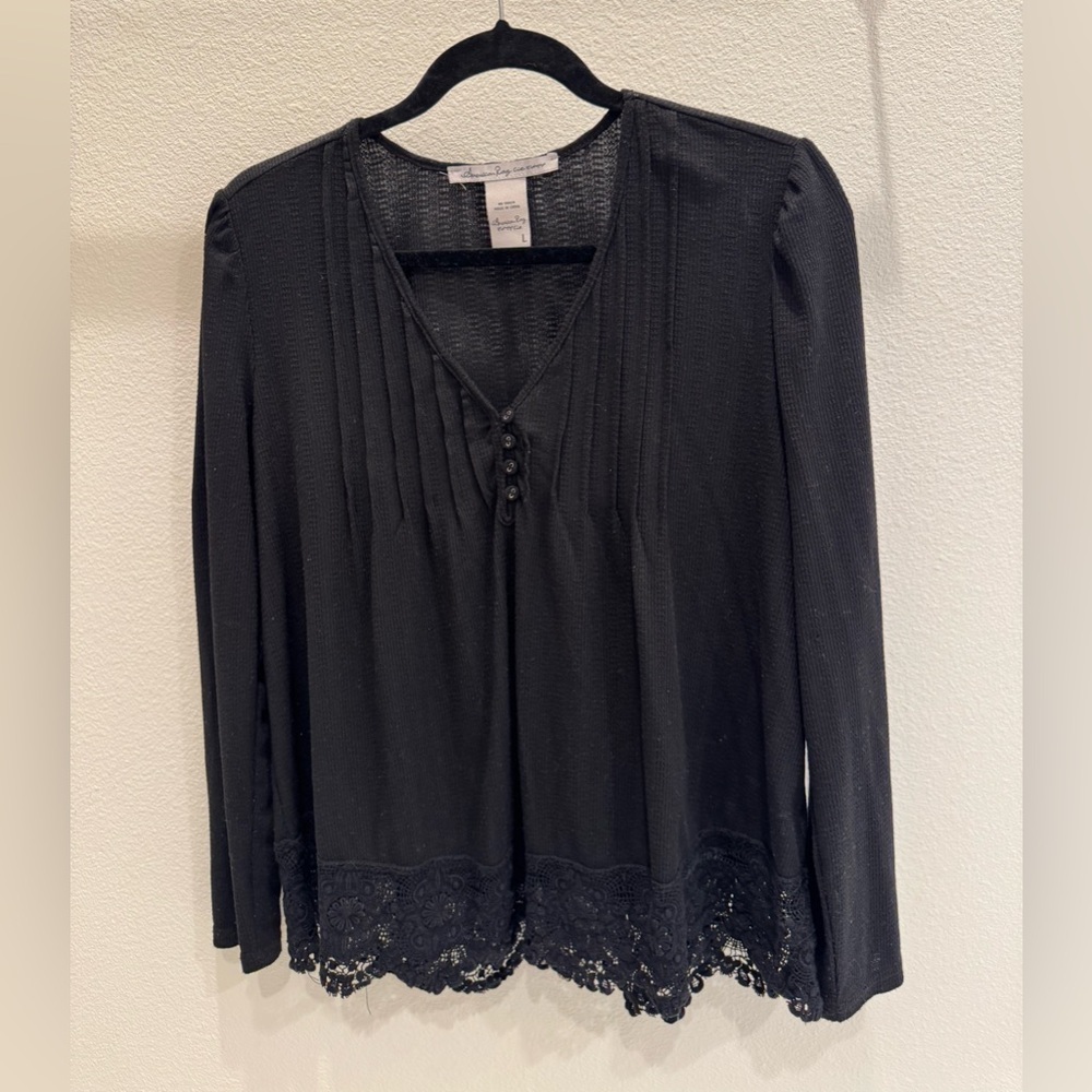 American Rag Black Blouse with Lace Hem size large